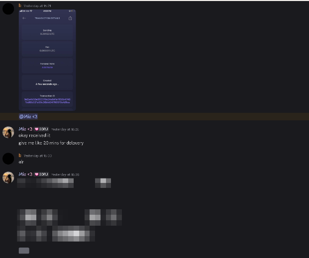 Customer chat — Crypto payment received, delivery sent