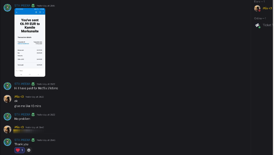 Customer chat — Netflix lifetime payment confirmed and delivered
