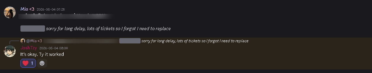 Customer chat — Replacement sent, customer confirmed it worked