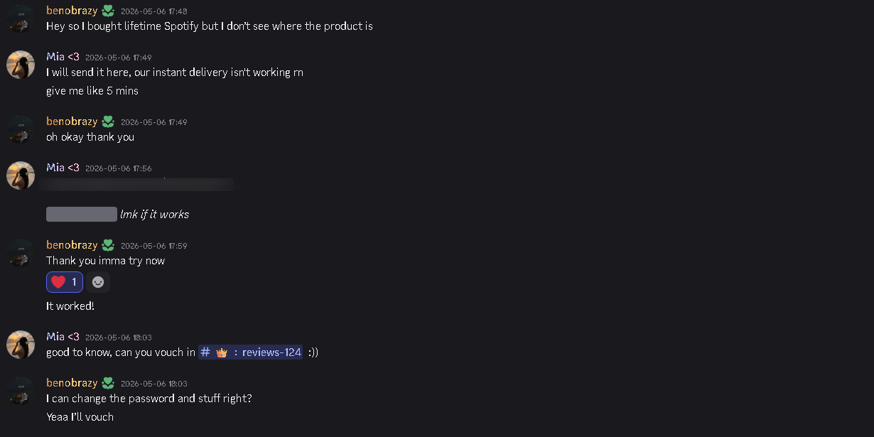 Customer chat — Lifetime Spotify delivered, customer vouched