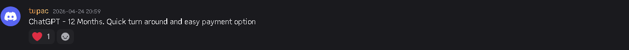 Discord vouch — ChatGPT 12 months, quick turnaround