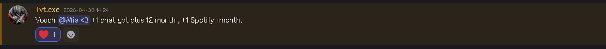 Discord vouch — ChatGPT Plus 12 months + Spotify 1 month